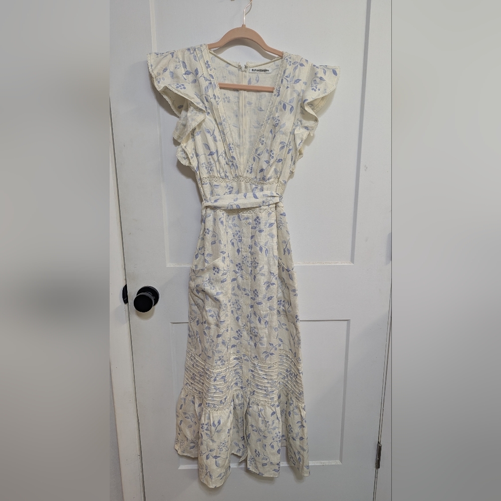 Reformation Ruffle Linen Dress in Cream with Blue floral Print